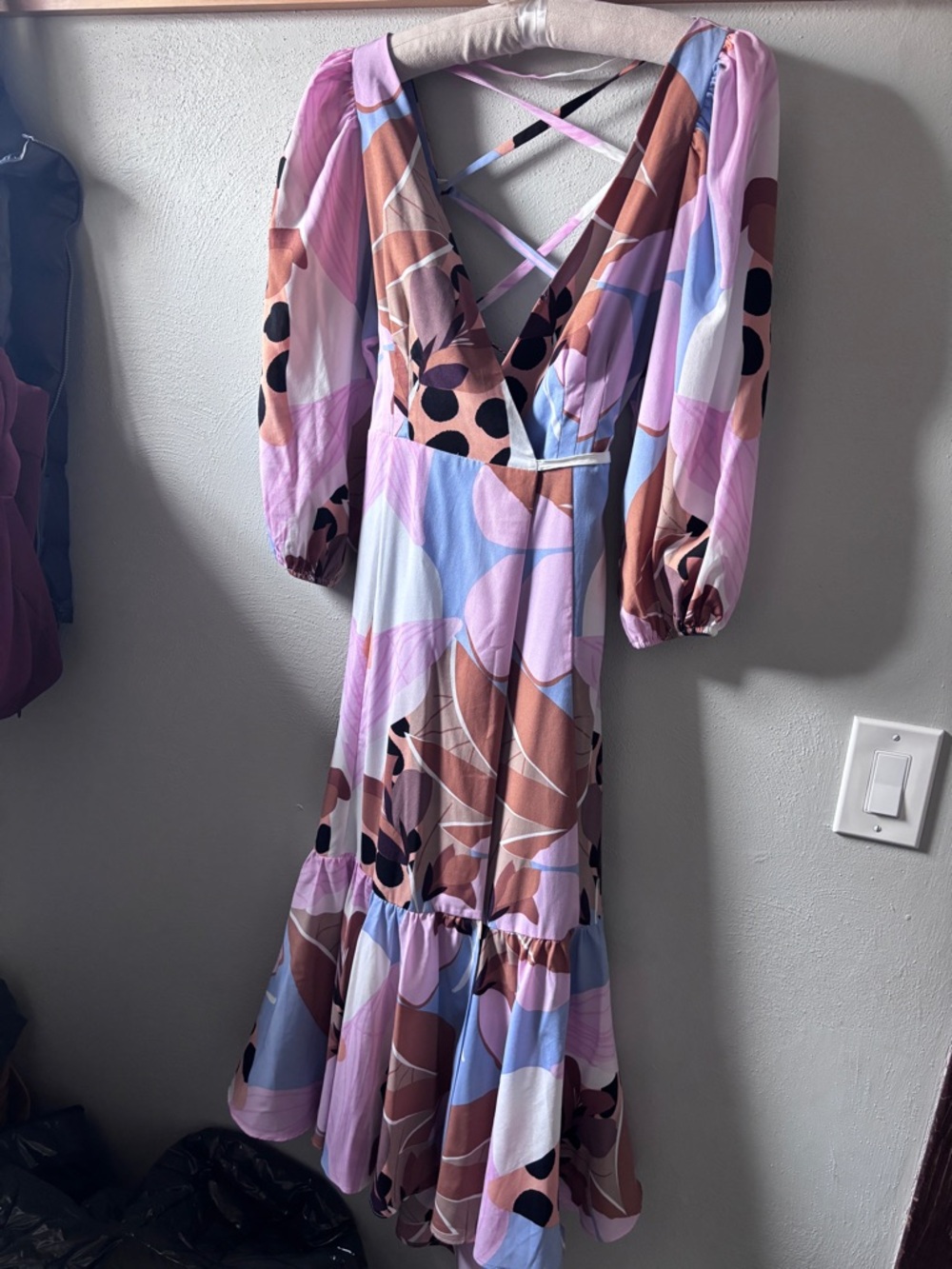 Anthropologie Midi Dress with Puff Sleeves - Pink Multi